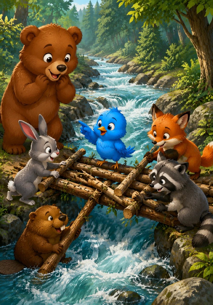 Working together, the animals built a sturdy bridge of branches and logs across the rushing water. Leo watched in absolute awe as everyone cooperated, guided entirely by the brave actions of his tiny friend.