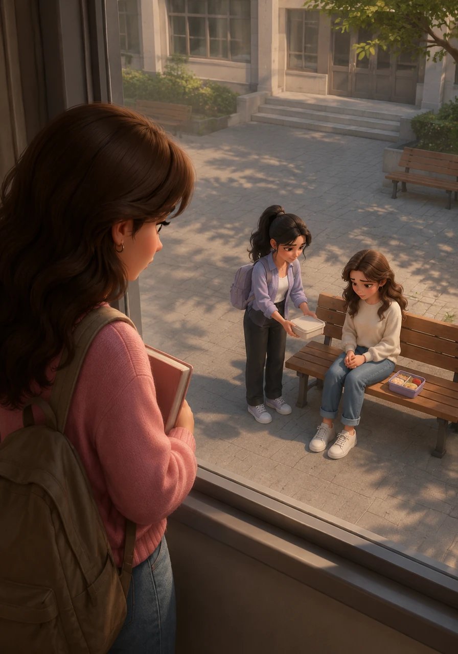 Soon after, their first major disagreement cast a shadow over them, and they stopped speaking completely. During lunch, Diya watched quietly from the classroom window as Meera sat all alone on a bench without eating a single bite. Swallowing her anger, Diya secretly sent a mutual friend over with food to ensure she stayed healthy.