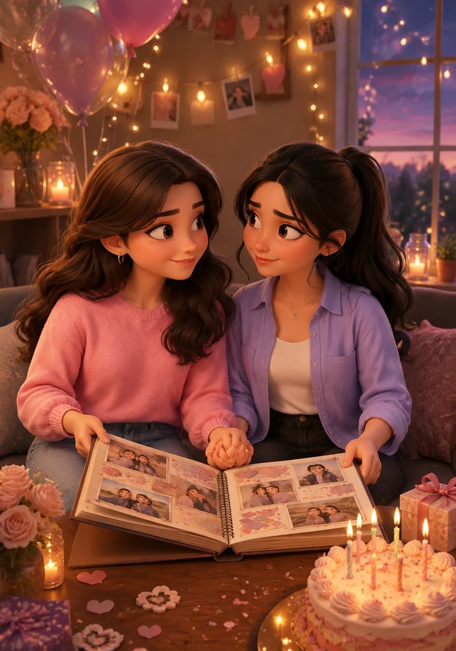 On her special day, the room glowed magically with delicate fairy lights, colorful balloons, and lovely handmade decorations. As they looked through a beautiful scrapbook of their journey together, they smiled warmly and held hands under the soft evening sky next to a flickering birthday cake. The story sweetens the air with the final words: "Happy Birthday, Thangame. Nee eppovum sirichitte iru. Un kanavugal ellam nijamaagattum. Namma rendu perum... Forever. I Love You Forever." ❤️