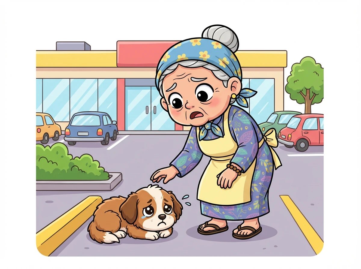 Setelah berbelanja di supermarket, Nenek Ratih mendengar suara rintihan lemah. Ia mencari sumber suara itu dan menemukan seekor anjing kecil tergeletak di dekat tempat parkir.