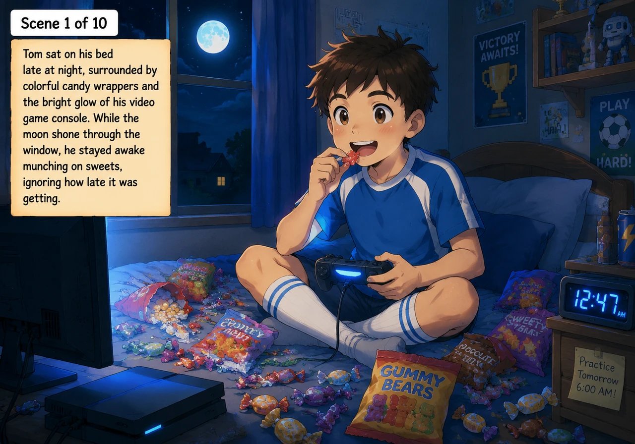 Tom sat on his bed late at night, surrounded by colorful candy wrappers and the bright glow of his video game console. While the moon shone through th