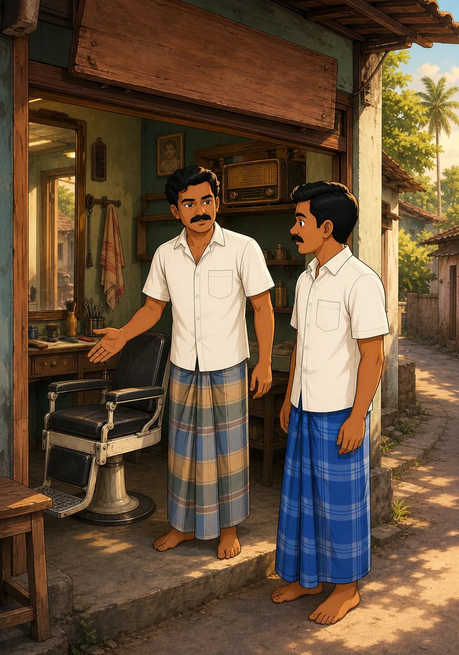 Tucked away at the end of a quiet lane stands Pandiyan Salon, its faded wooden sign whispering stories of days long past. Soft, faint melodies from eighties songs drift into the warm afternoon air from a classic Murphy radio resting on the shelf inside.
