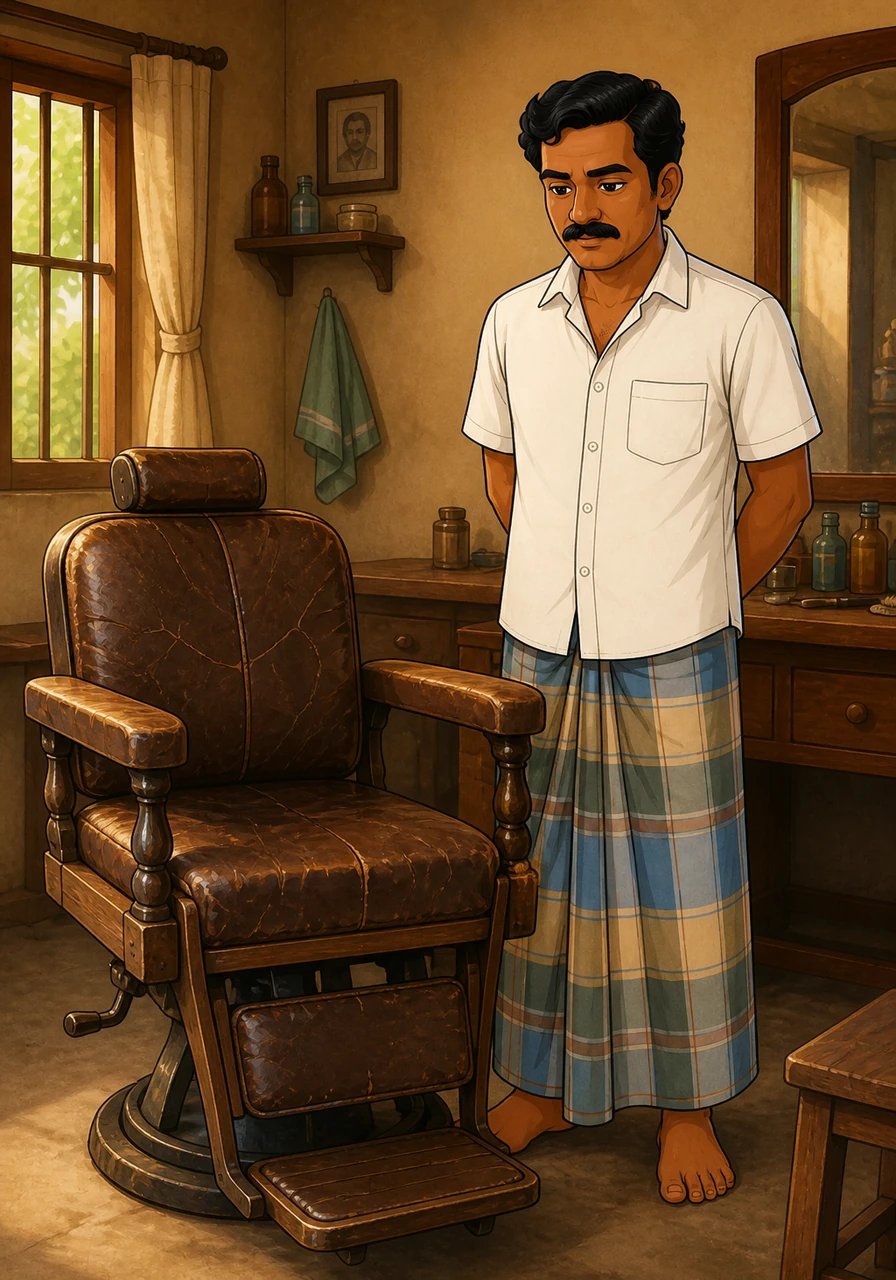 Inside the cozy room sits a traditional wooden chair wrapped in worn, cracked leather that bears the gentle weight of countess visitors. Mani, the quiet barber dressed in a simple white shirt and plaid lungi, stands nearby with watchful, serene eyes that observe the world with quiet wisdom.
