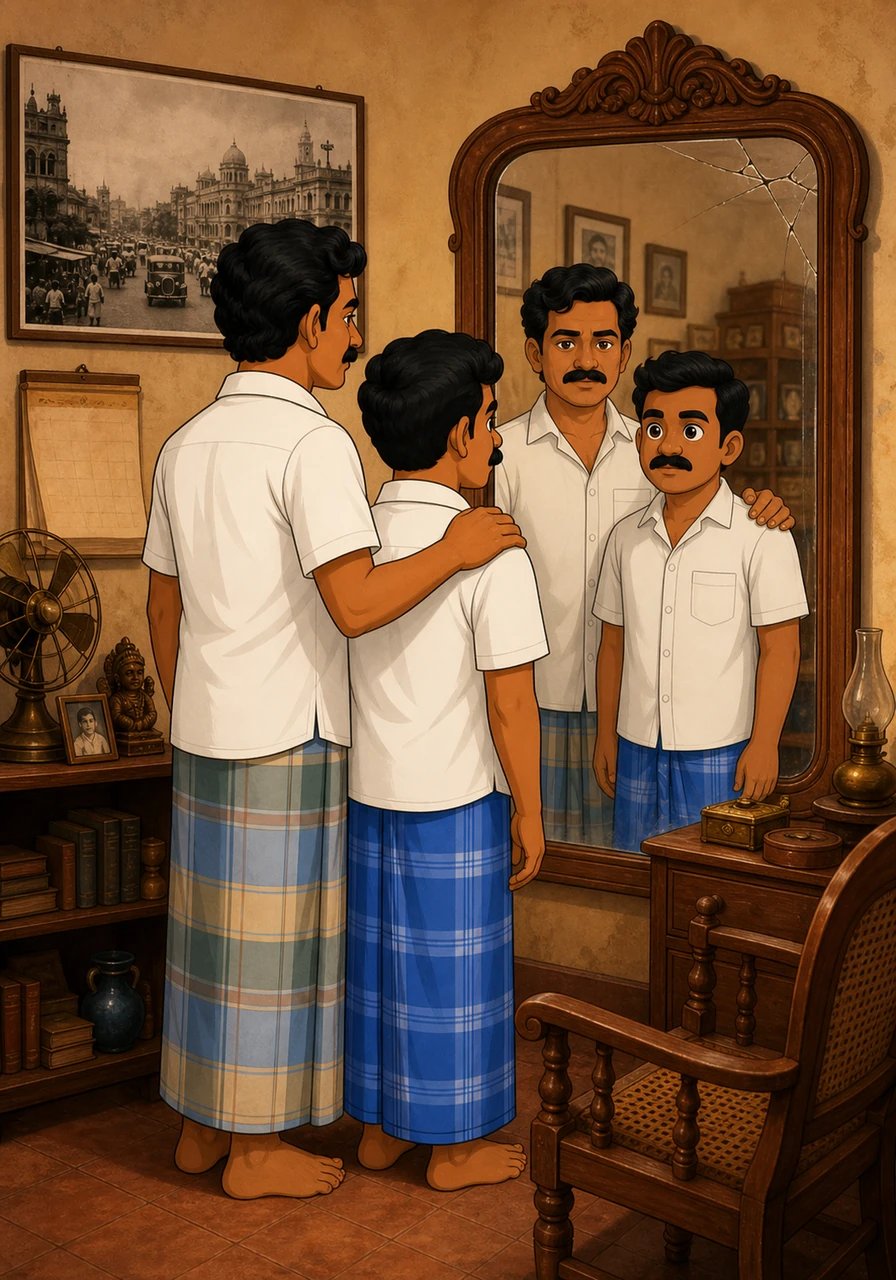 The room is filled with nostalgic treasures, including an old calendar untouched for years and a faded black-and-white photograph depicting a bustling Chennai street corner. In front of the chair hangs a grand mirror, its glass softly cracked at the edge, capturing decades of changing faces.