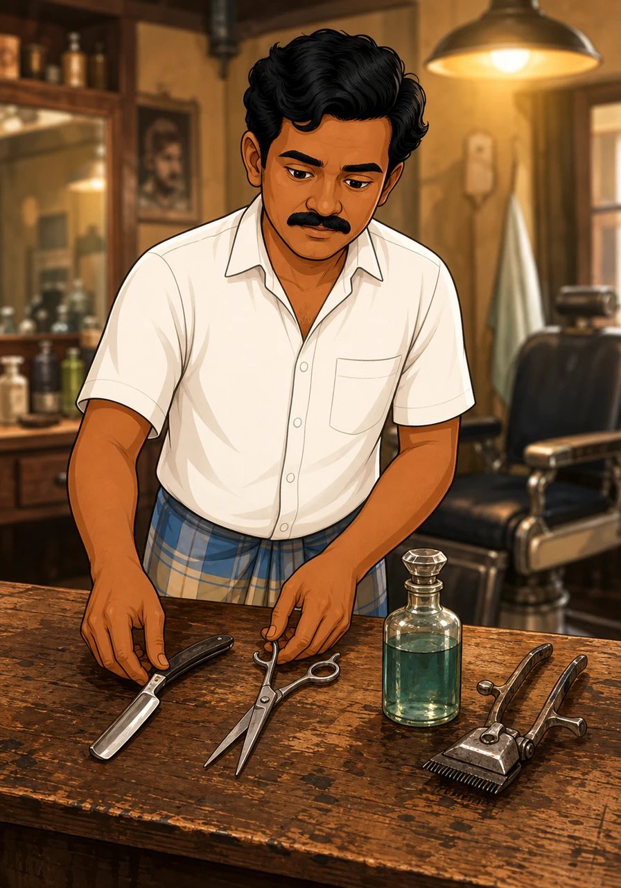 Mani carefully arranges his beloved tools on the wooden table—a sleek straight razor, polished scissors, a vintage aftershave bottle, and a slightly rusted set of hair clippers. Every item carries a history of craft and dedication, reflecting the barber's deep respect for his daily work.