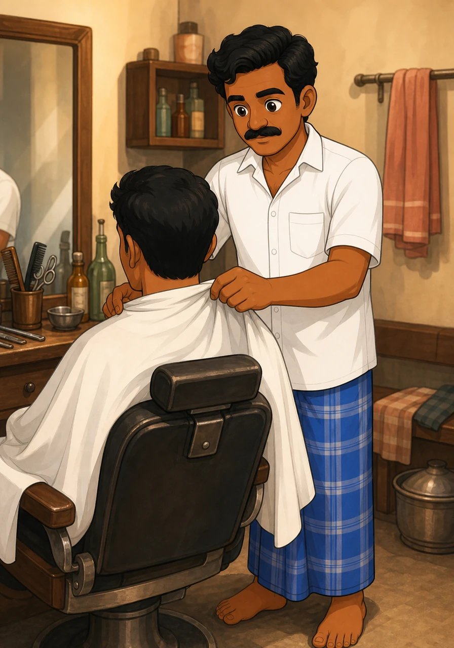 Mani gently drapes a clean cloth over the customer's shoulders, preparing for the familiar routine with quiet care. His calm composure wraps around the shop like a warm blanket, reassuring every visitor that they are in skilled and patient hands.