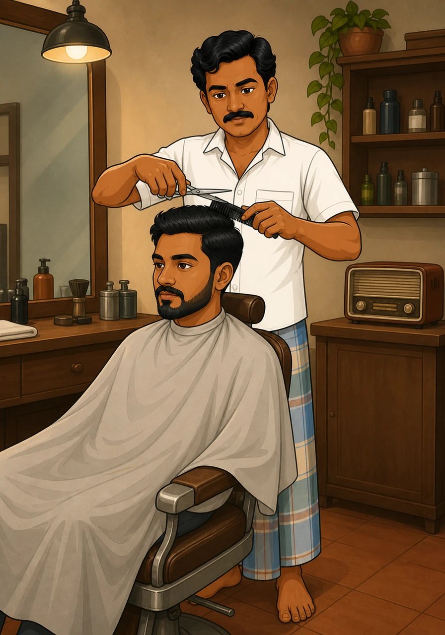 The crisp snip of scissors merges seamlessly with the low hum of the radio, creating a relaxing rhythm in the quiet sanctuary. Mani works with effortless precision, transforming a routine trim into a peaceful, meditative art.