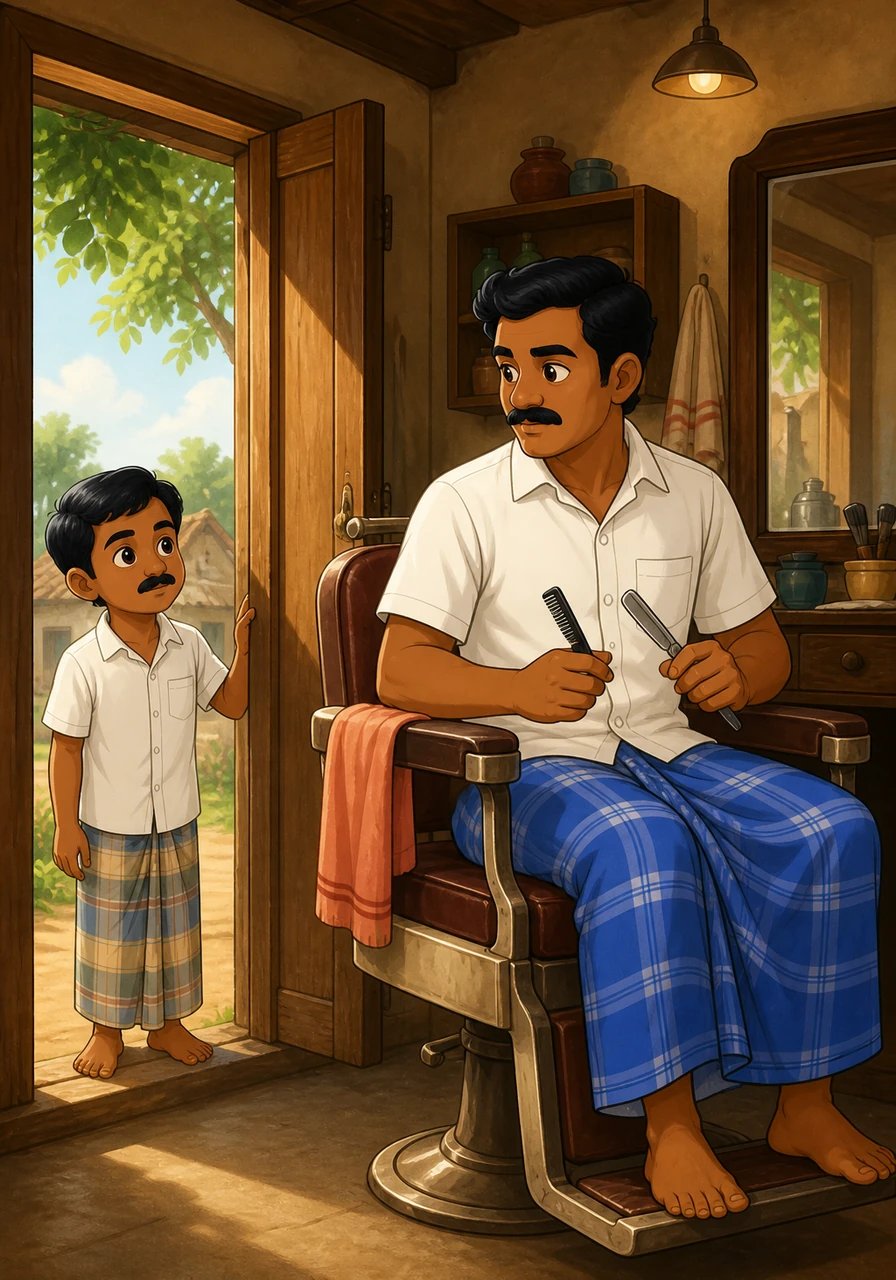 Outside, a curious young boy pauses at the open door, watching in fascination as Mani handles his traditional tools with gentle focus. The boy senses the quiet dignity inside, captivated by a place where silence speaks louder than words.