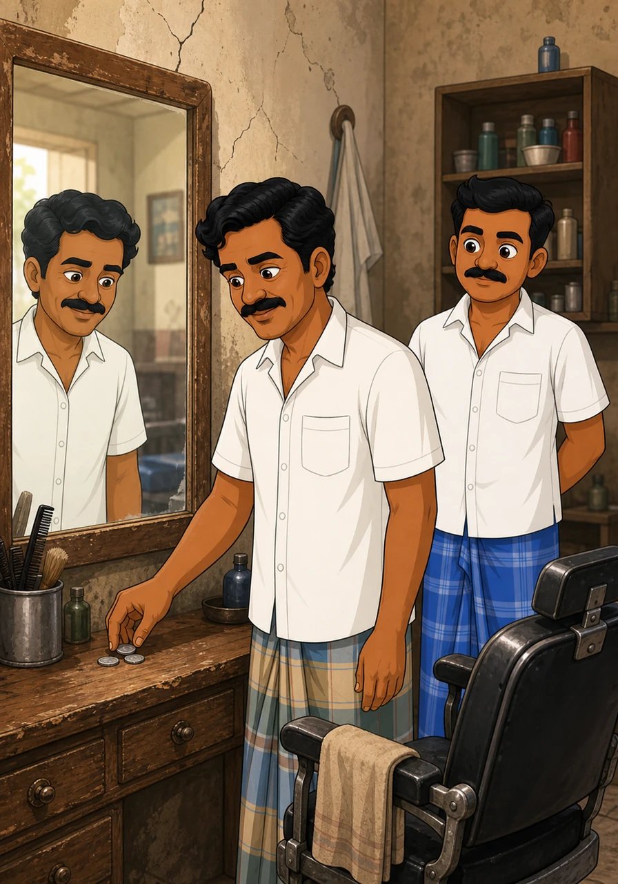 When the haircut is finished, the old customer looks into the cracked mirror and smiles softly at his refreshed reflection. He leaves a small token on the counter, feeling lighter and deeply renewed by the quiet comfort of the salon.