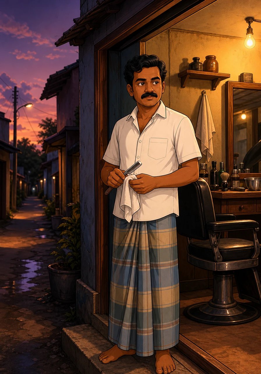 As twilight falls over the alley, Mani carefully wipes his straight razor and tidies up his workspace for the evening. Standing at the doorway, he gazes out into the dimming light, remaining the quiet, steady heart of his beloved community.