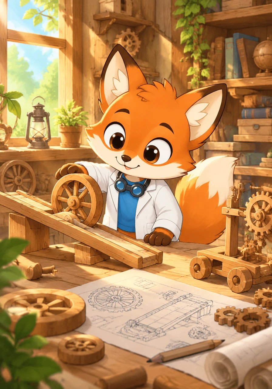 Isaac es un pequeño zorrito muy curioso que ama descubrir los grandes secretos de la naturaleza. En su taller del bosque, rodeado de ruedas, rampas y planos, siempre se pregunta por qué y cómo se mueven los objetos a su alrededor.