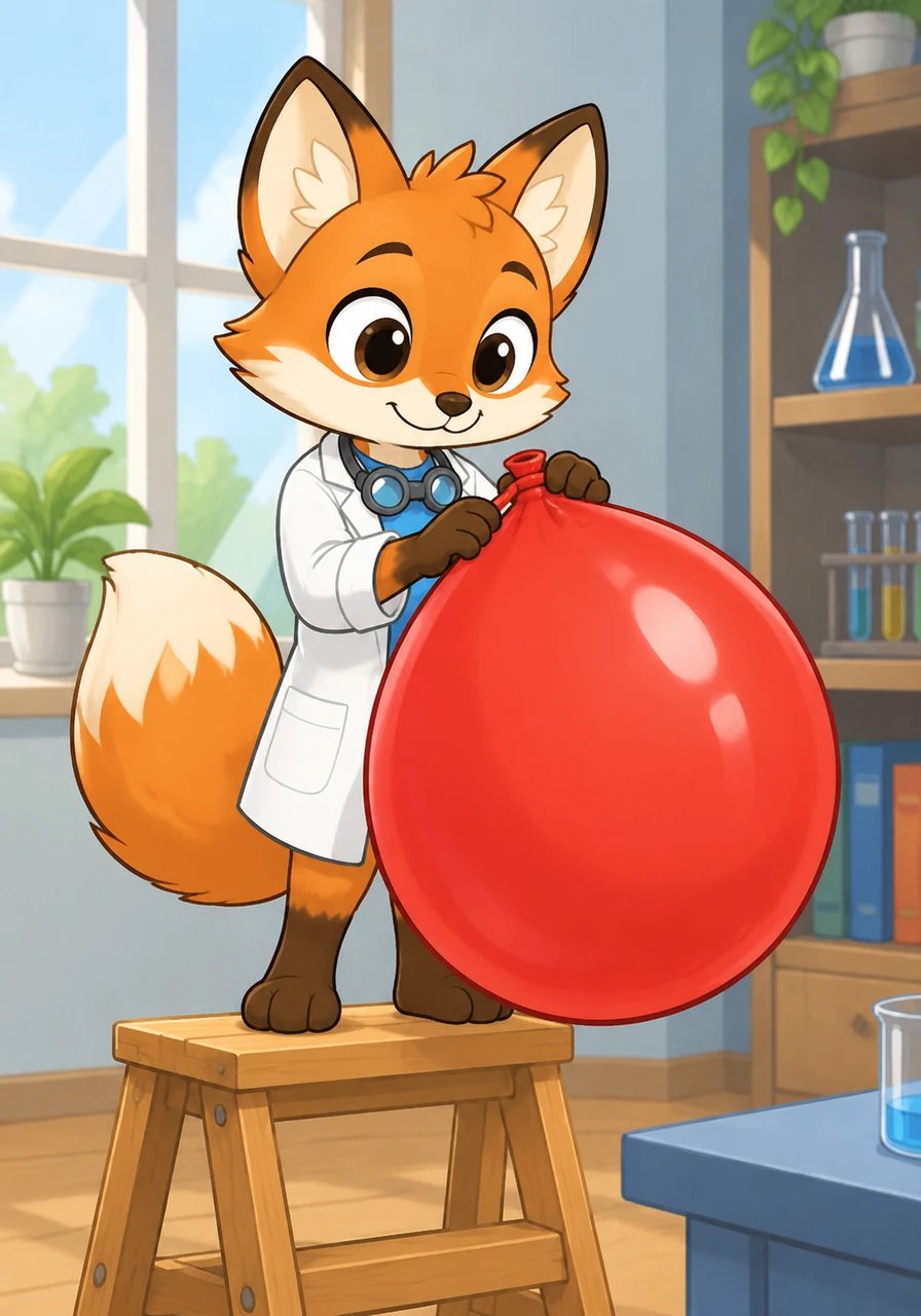 Para su tercer experimento, Isaac infla un gran globo rojo con aire de sus pulmones. Sostiene la boquilla sin atarla mientras sube a una pequeña plataforma de madera para observar qué sucederá.