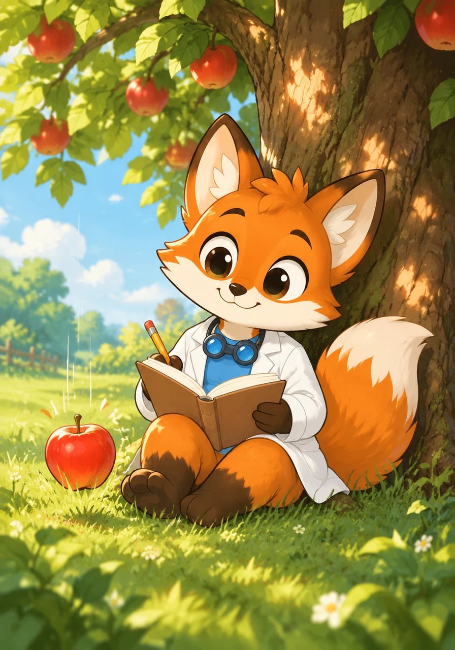 Satisfecho con sus descubrimientos, Isaac se sienta a descansar bajo un majestuoso manzano mientras anota todo en su libreta de campo. Justo en ese momento, una jugosa manzana cae suavemente junto a sus patas, haciéndole sonreír con complicidad.
