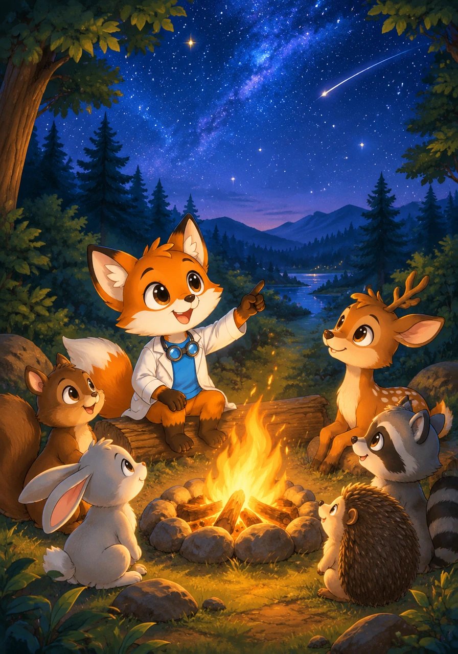 Al anochecer, Isaac reúne a todos sus amigos del bosque junto a una fogata para enseñarles cómo la física explica el mundo. Mirando hacia las estrellas brillantes, el pequeño zorrito sabe que la curiosidad es el primer paso para entender los misterios del universo.