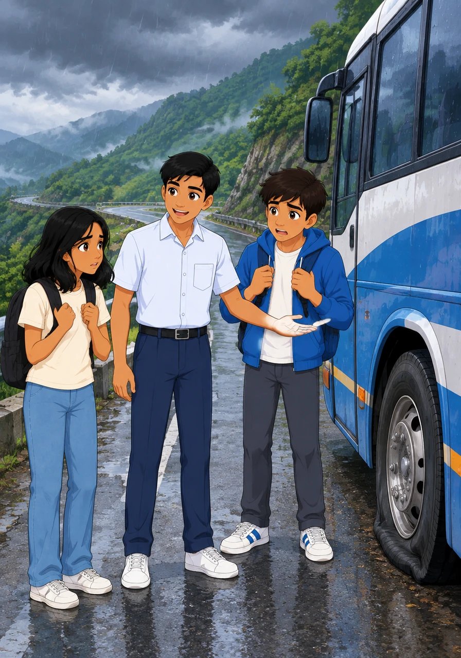 পাহাড়ের আঁকাবাঁকা সবুজ রাস্তায় পৌঁছাতেই হঠাৎ বাসের চাকা পাংচার হয়ে গাড়িটি থেমে যায় এবং মেঘ জমে হালকা বৃষ্টি শুরু হয়। মোবাইল নেটওয়ার্ক না থাকায় সবাই প্রথমে কিছুটা ঘাবড়ে যায়, কিন্তু আরিয়ান তার বন্ধুদের শান্ত থেকে একসঙ্গে কাজ করার পরামর্শ দেয়।