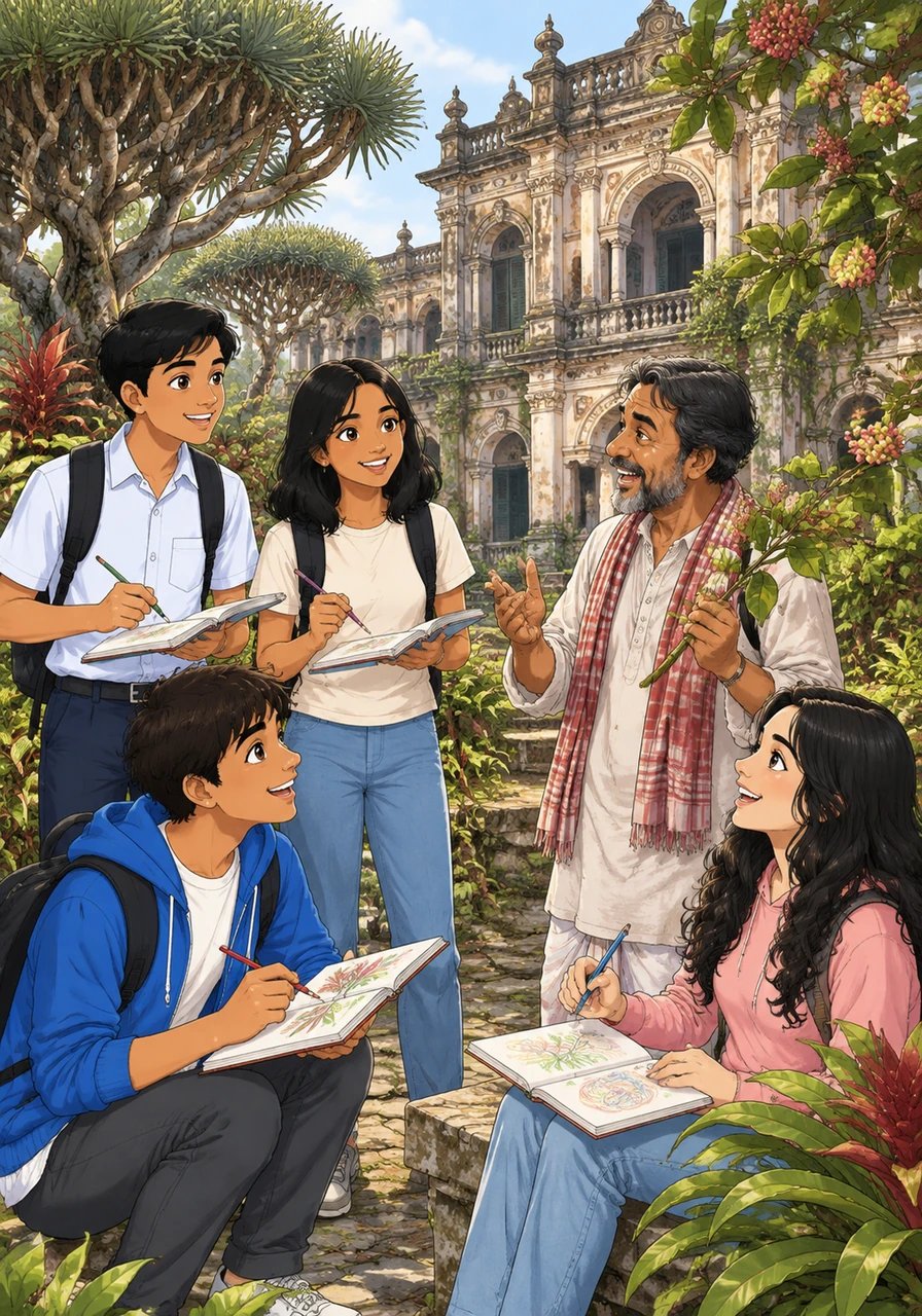 অবশেষে ঐতিহাসিক রাজবাড়িতে পৌঁছে গাইড কাকার কাছ থেকে তারা প্রাচীন ইতিহাস ও বিরল গাছপালার তথ্য জানতে পারে। প্রকৃতির সুন্দর সান্নিধ্যে নতুন কিছু শেখার আনন্দে চার বন্ধু তাদের নোটবুকে রঙিন ছবি এঁকে ও তথ্য লিখে নেয়।