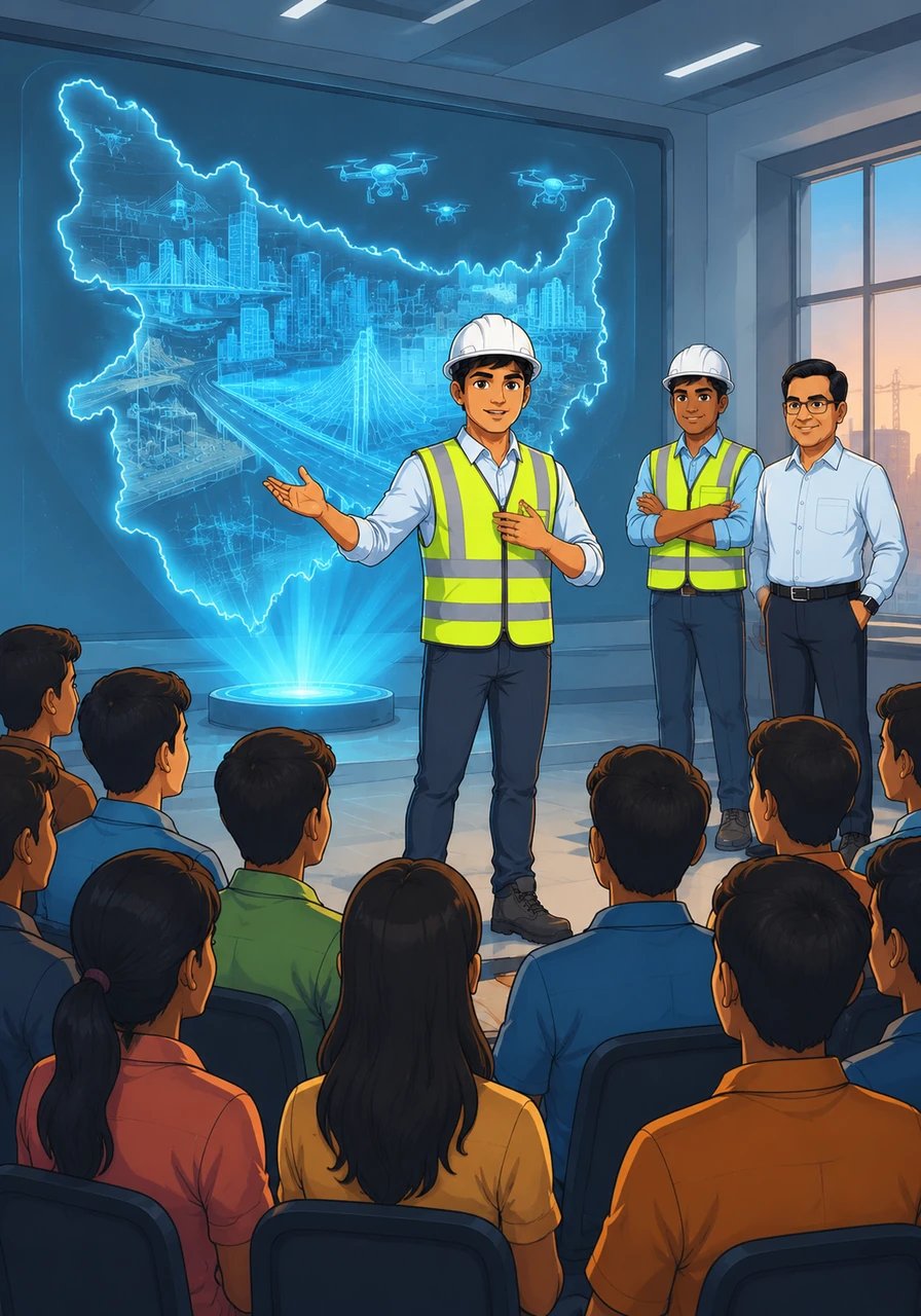 Aryan stands before a glowing holographic display of Uttar Pradesh, envisioning a future where civil engineering is the heartbeat of a digital revolution. He speaks to a crowd of students, challenging the old image of dusty construction sites with a vision of high-tech design and aspirational career paths.