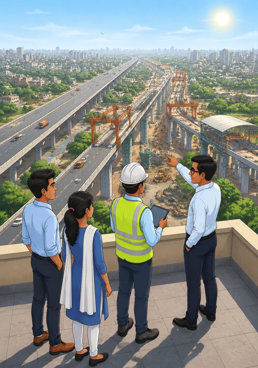 A bird's-eye view reveals the Ganga Expressway stretching across the horizon like a silver ribbon, connecting vibrant cities under a bright Indian sun. Aryan points toward the massive cranes and sprawling metro lines that are transforming the landscape of his home state, creating a massive demand for local talent.