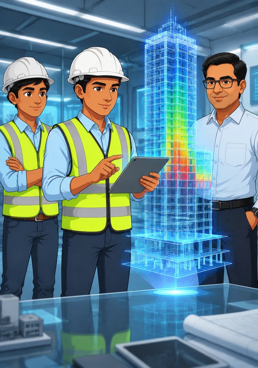 In a sleek university lab, Aryan uses a tablet to manipulate a complex 3D Building Information Modeling system of a skyscraper that floats in the air. Instead of paper blueprints and drawing boards, he uses augmented reality to test structural integrity with a simple swipe of his finger.