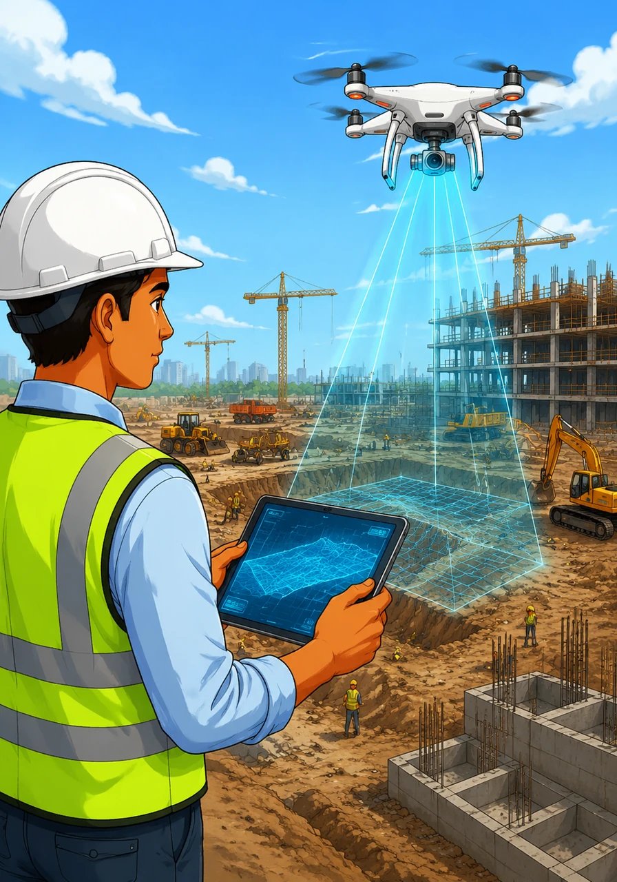 A high-tech drone takes flight over a vast construction site, its sensors mapping the terrain with laser precision and feeding data to the cloud. Aryan monitors the live feed on his screen, demonstrating how artificial intelligence and digital mapping now handle the complex tasks of modern land surveying.