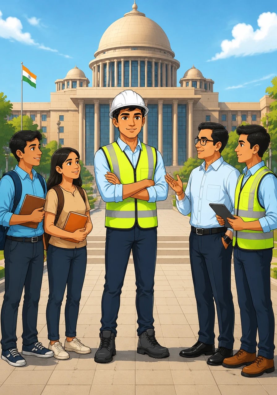 Aryan stands proudly in front of a modern government headquarters, symbolizing the prestige and authority of roles in the public sector. He shares how these positions offer the unique power to shape the very foundations of society, providing unmatched job security and a sense of duty.