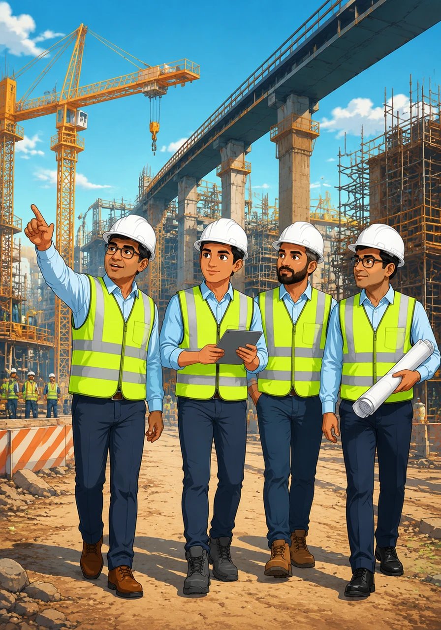 Wearing a smart hard hat and a safety vest, Aryan walks through a bustling mega-construction site alongside seasoned industry mentors from top global firms. He learns the rhythm of the project firsthand, bridging the gap between classroom theory and the massive scale of real-world infrastructure.