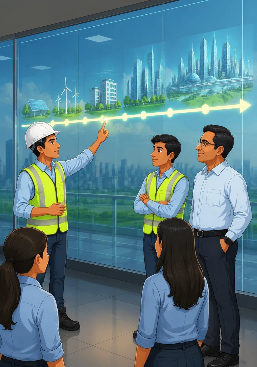 A glowing timeline stretches across a glass wall, marking milestones from the current year to a future filled with smart cities and green energy. Aryan traces the path with his hand, showing how today’s students are the architects of a multi-decade boom that is only just beginning.