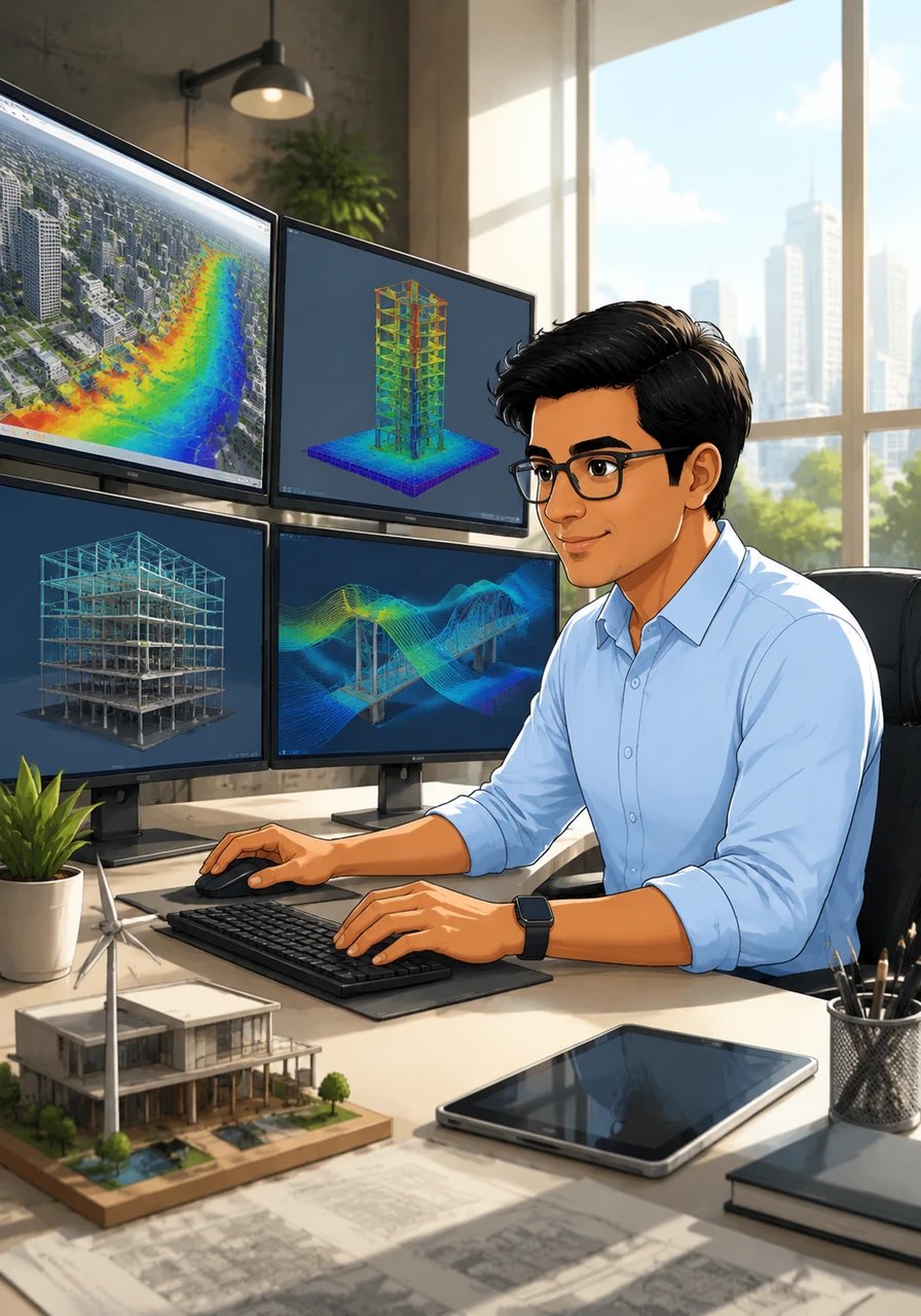 Aryan sits in a sunlit, high-tech design studio, surrounded by multiple monitors displaying intricate structural simulations and climate-resilient designs. He demonstrates that modern engineering is a sophisticated blend of creative design and powerful software, far removed from the manual labor myths of the past.