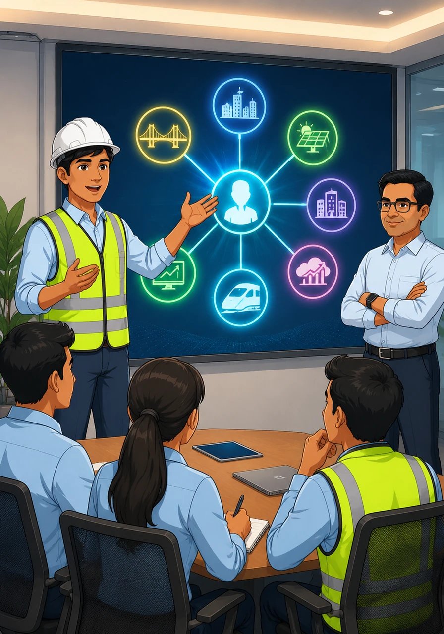 A vibrant digital chart glows on a screen, illustrating the diverse and high-paying career paths available to new graduates in infrastructure and consultancies. Aryan explains to his peers how their specialized digital skills will make them the most sought-after professionals in the expanding economy.
