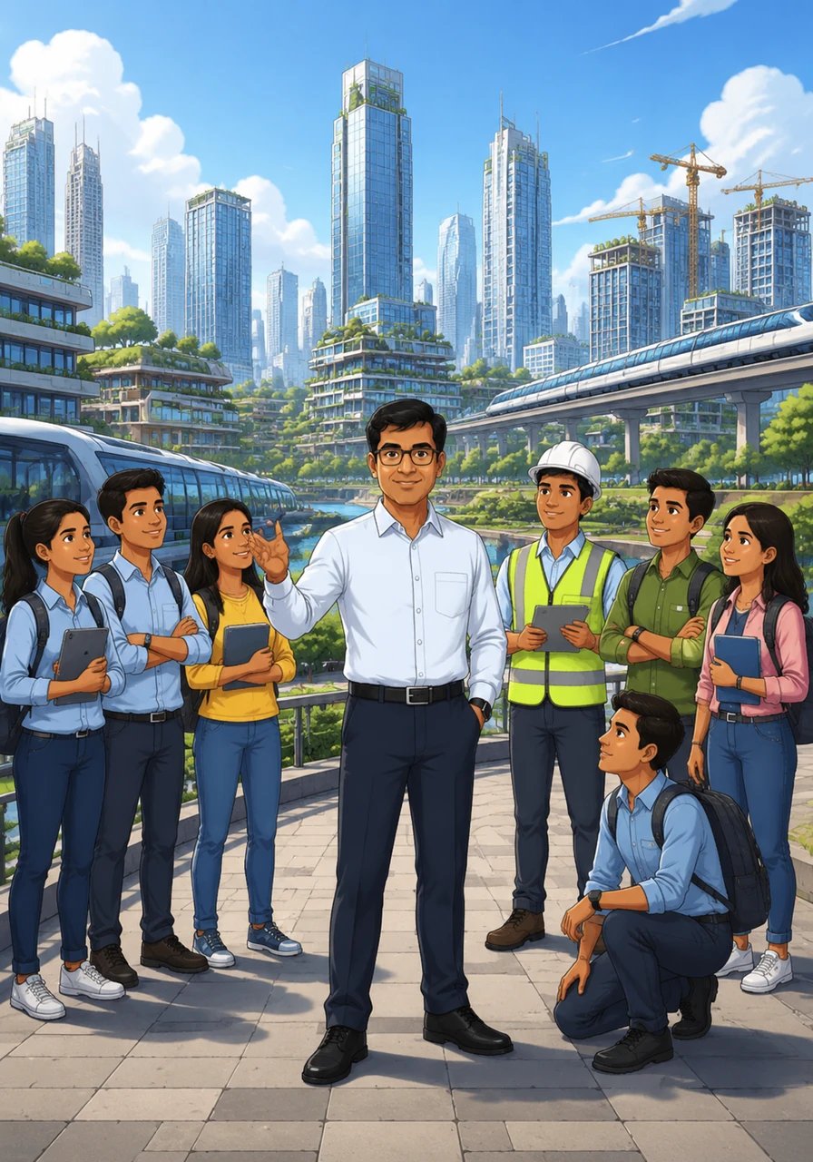 Aryan stands confidently at the center of a thriving new city district he helped design, looking toward a horizon filled with rising towers and clean transport. He invites a new generation to join him in engineering a future where technology and tradition build a stronger, more connected world for everyone.
