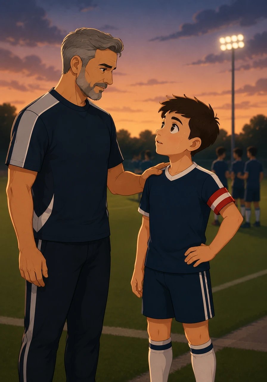 The team coach closely watched Bob’s incredible effort and dedication from the sidelines. One evening, the coach walked over, placed a hand on his shoulder, and shared a powerful secret. He told Bob that a real captain isn't just the best player, but the one who encourages others and never gives up.