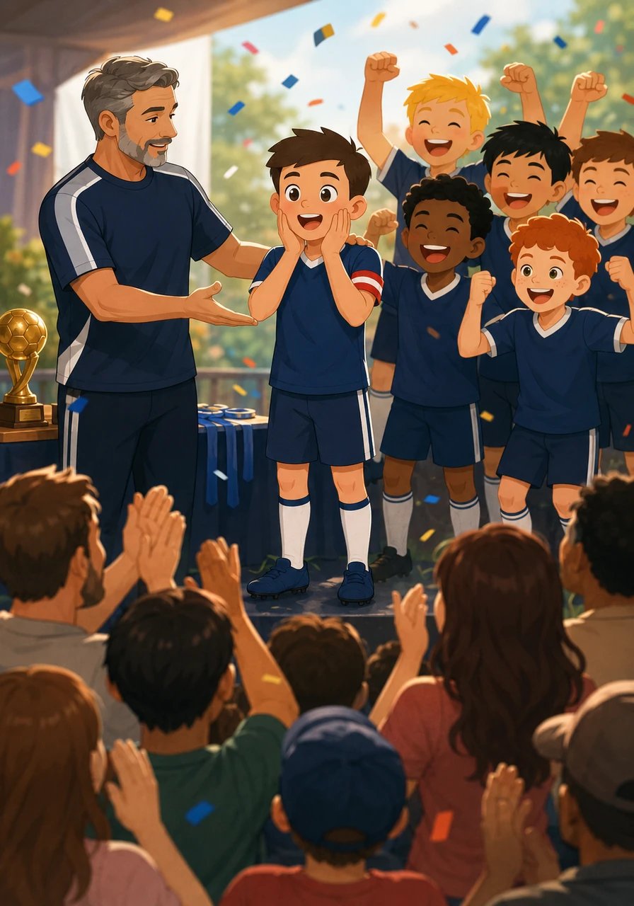 At the grand end-of-season ceremony, the coach called all the players, parents, and fans together for a special announcement. A hush fell over the crowd as the coach declared that this year's new football captain was Bob. Bob could hardly believe his ears as his teammates cheered his name at the top of their lungs.