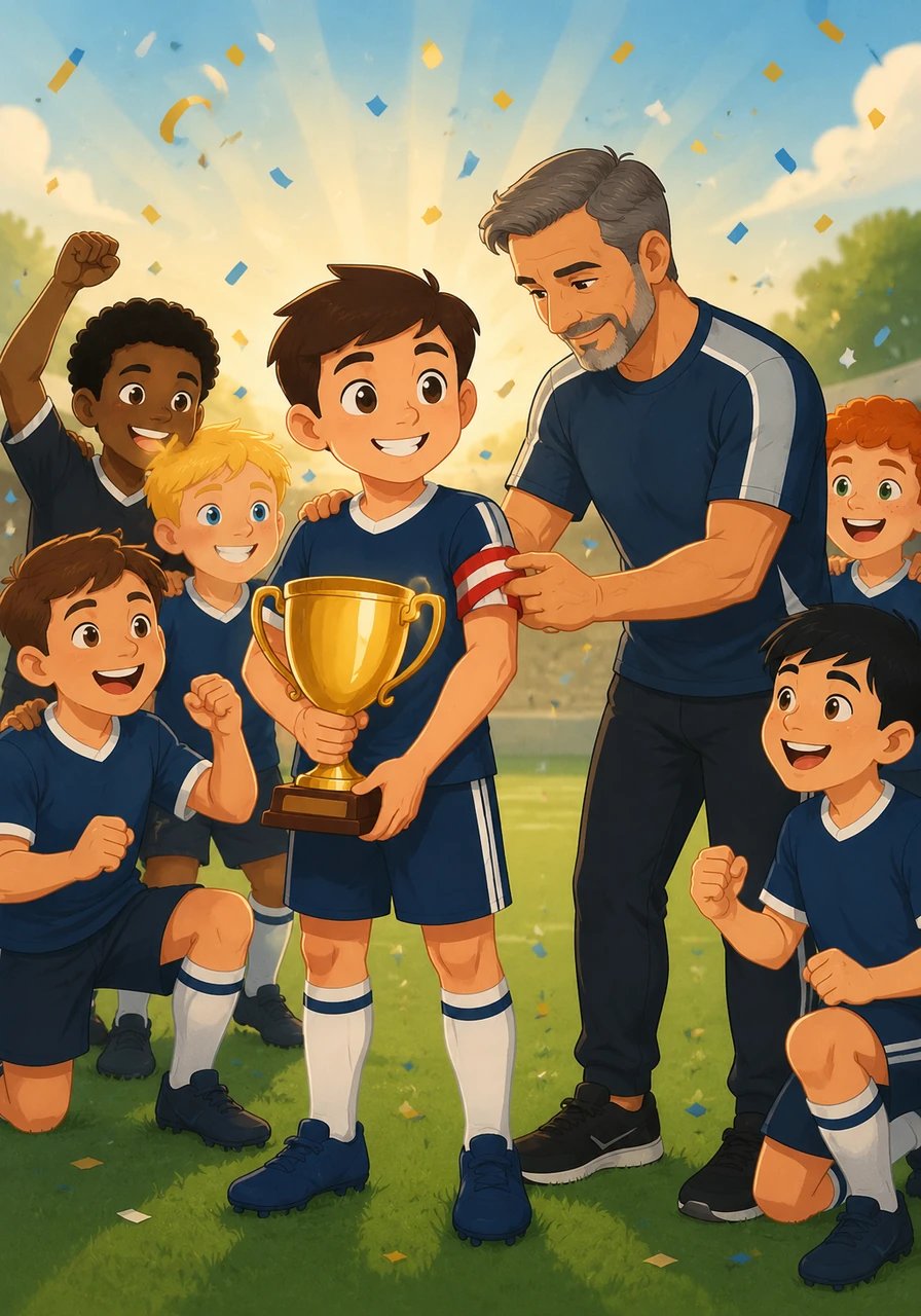 Bob smiled with immense pride as the coach placed the glowing captain's armband onto his arm and handed him the championship trophy. Standing proudly with his team, Bob knew he had finally achieved his dream through kindness, courage, and unstoppable hard work. From that day on, he inspired everyone to never give up on their dreams.