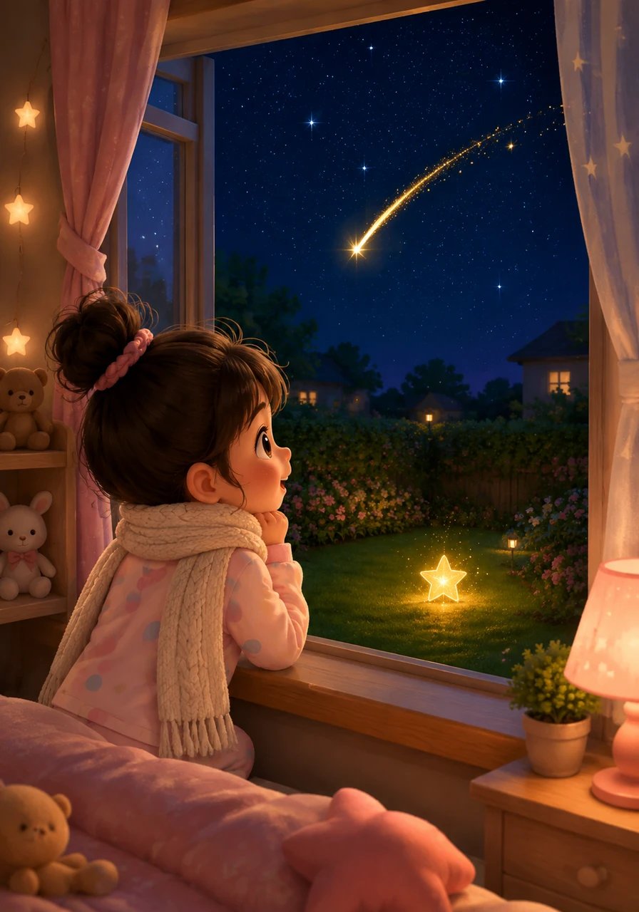 Mia sat by her bedroom window on a warm, peaceful evening, gazing at the endless array of twinkling lights across the dark sky. Suddenly, a tiny bright streak zipped through the atmosphere and tumbled softly down toward her grassy backyard garden.