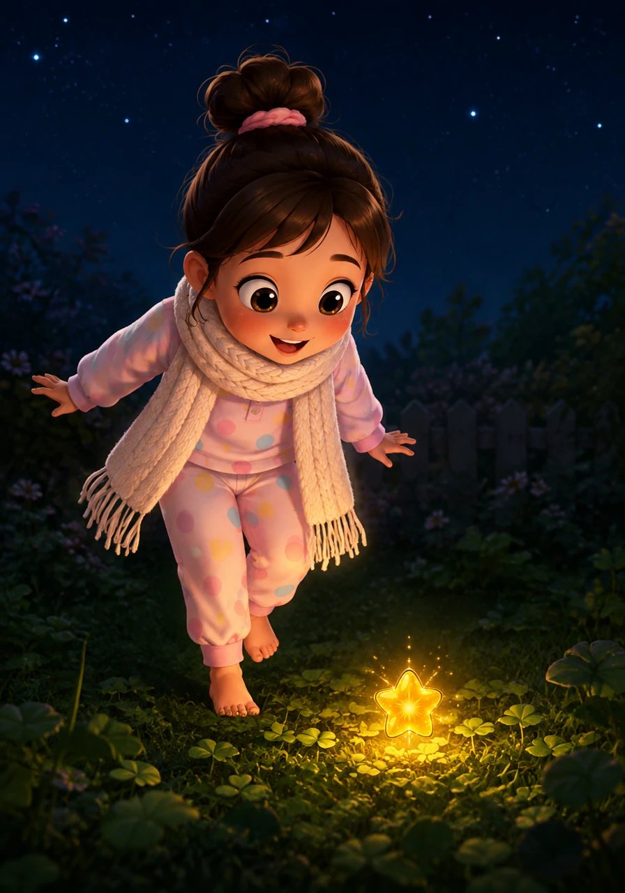 Curious and filled with wonder, Mia tiptoed outside into the quiet night in her cozy pajamas. Nestled among the damp clover and soft blades of grass lay a tiny, flickering star pulsing with a warm amber glow.
