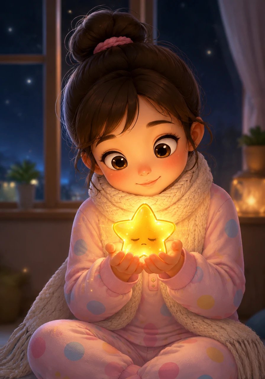 Gently cradling the fallen star in her cupped hands, Mia felt its soothing warmth and heard a quiet, melodic hum vibrating from its core. The star flickered faintly, visibly tired and missing its celestial home high above.
