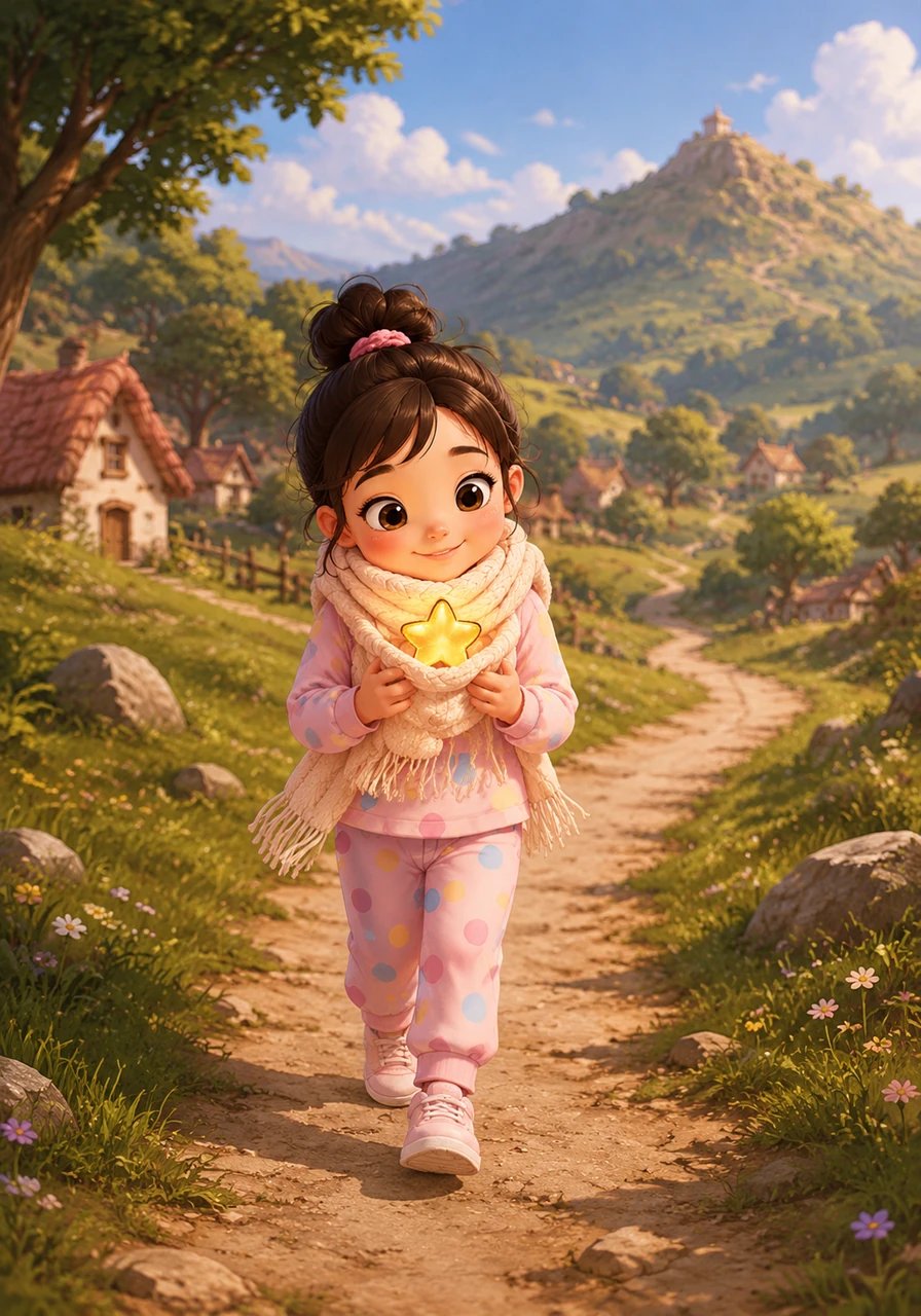 Wrapping the little star carefully inside her soft woolen scarf, Mia set off down the winding earth path toward Whispering Hill, the tallest landmark in the entire village.