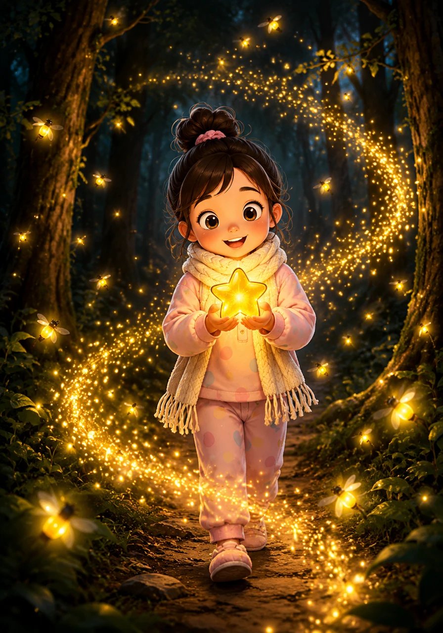 As she walked, a swarm of curious fireflies gathered around her, creating a magical lantern-lit path through the darkened forest. The little star pulsed happily in response, gathering strength from the enchanting surrounding nature.