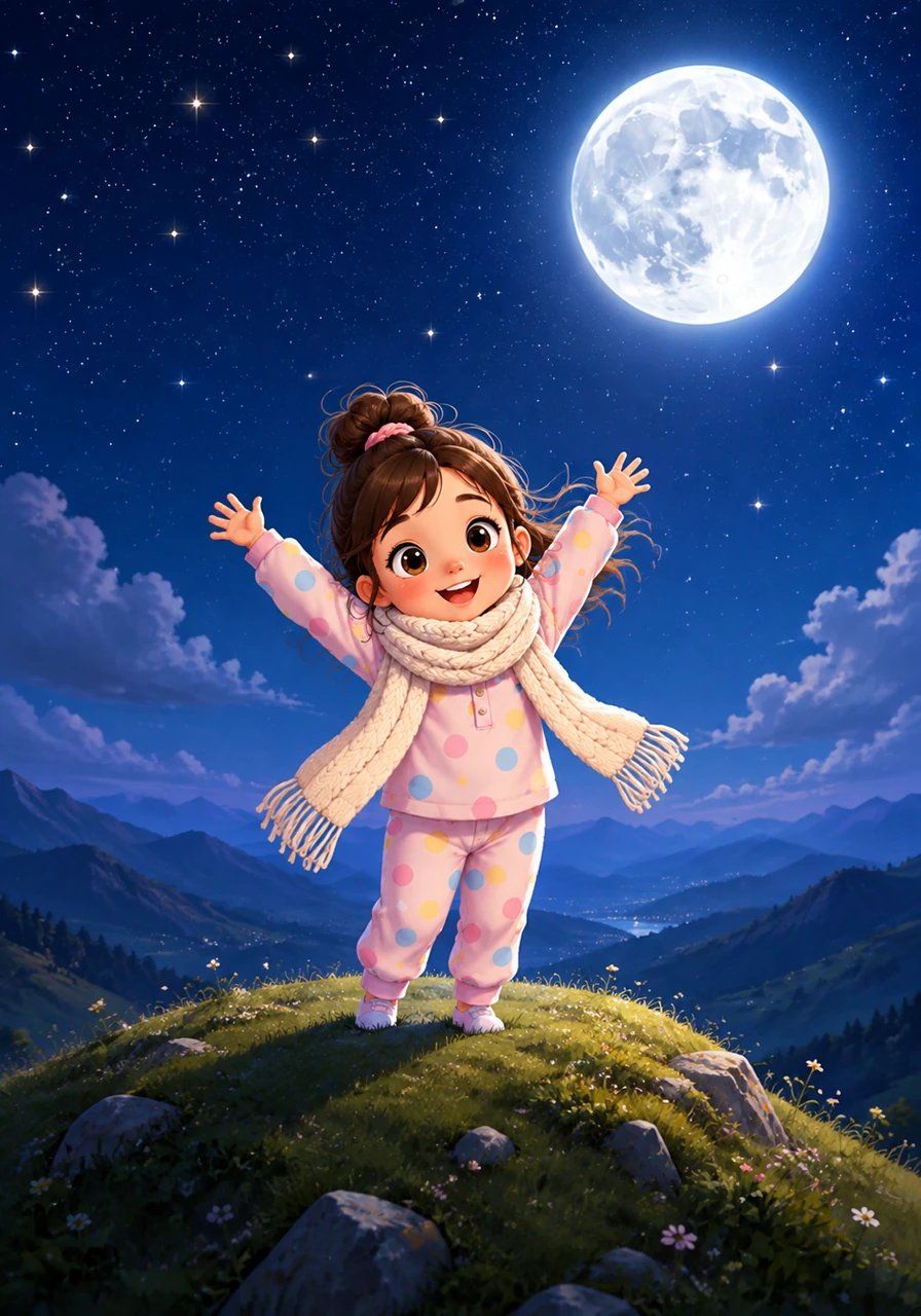 Reaching the summit of Whispering Hill, Mia stepped onto the grassy peak as a refreshing night breeze brushed past her cheeks. High above, the velvet sky stretched wide, glowing under the bright silvery light of the full moon.