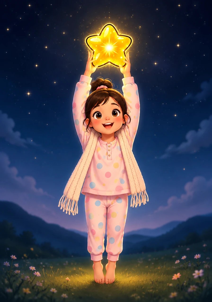 Mia unraveled her scarf and stood on her tiptoes, stretching her arms high toward the sky to hold the little star up as close to the cosmos as possible.