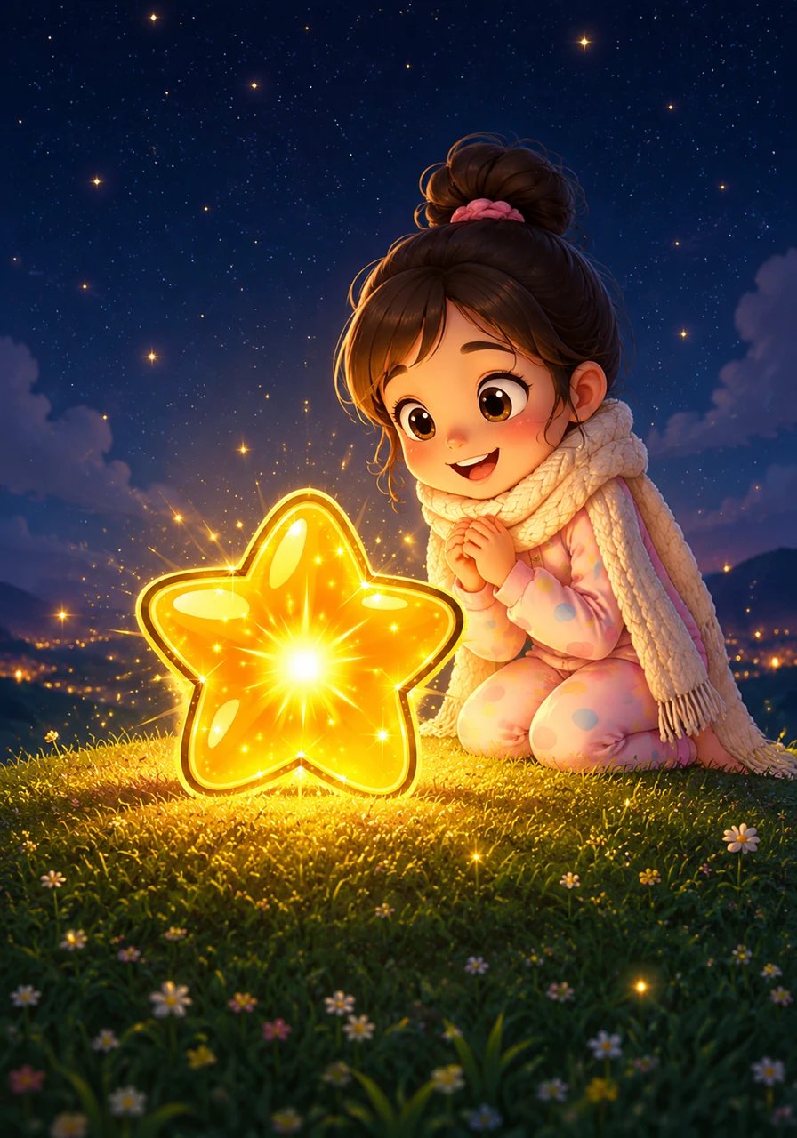 Inspired by Mia's kindness and unwavering determination, the little star began to shine brighter and brighter, radiating a shimmering golden light that lit up the entire hilltop.