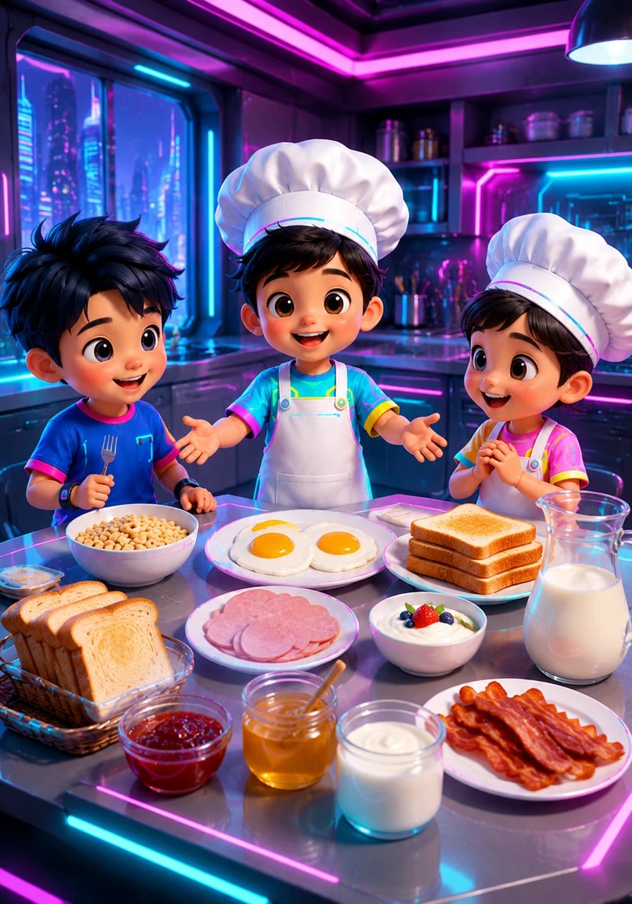 早餐时间到了,餐桌上摆好了营养的 Egg (鸡蛋) 和 Milk (牛奶),还有 Bread (面包), Cereal (麦片), Toast (吐司), Jam (果酱), Honey (蜂蜜), Yogurt (酸奶), Ham (火腿) 和 Bacon (培根)。