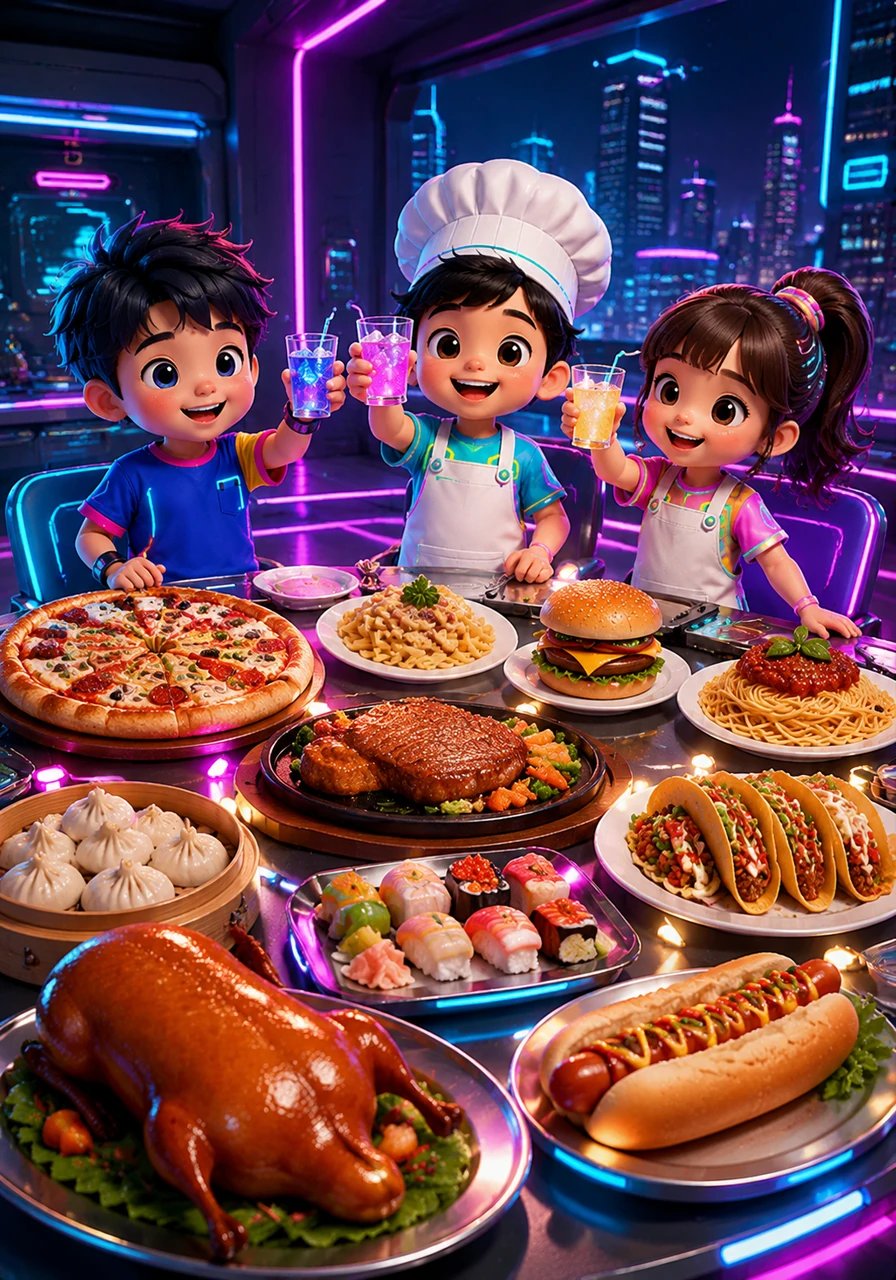 热闹的晚餐派对开始啦,主食是美味的 Pizza (披萨) 和 Burger (汉堡),还有 Pasta (意面), Steak (牛排), Spaghetti (意大利粉), Dumpling (饺子), Taco (塔可), Sushi (寿司), Hot Dog (热狗) 和 Roast Duck (烤鸭)。