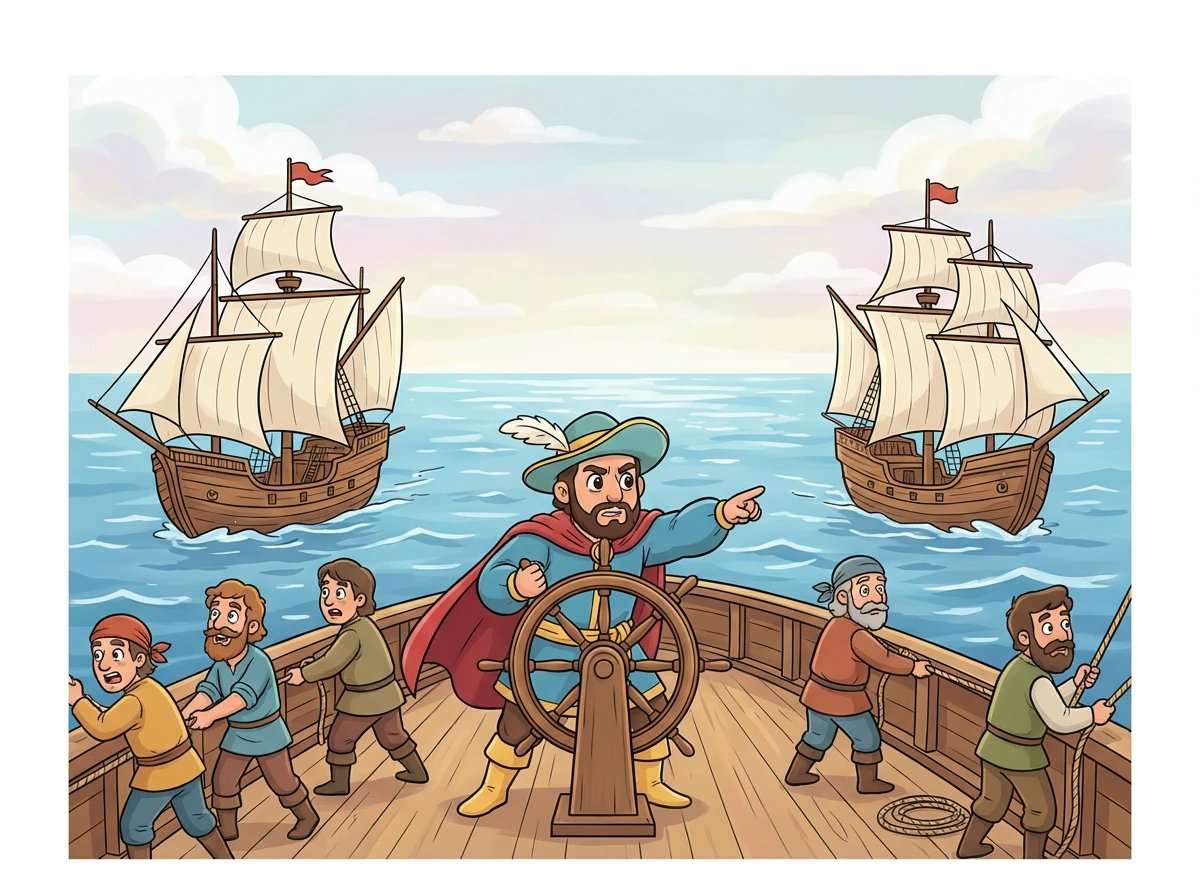 Con tres carabelas, la Niña, la Pinta y la Santa María, Cristóbal y su tripulación zarpan hacia lo desconocido. El viaje es largo y lleno de incertidumbre.