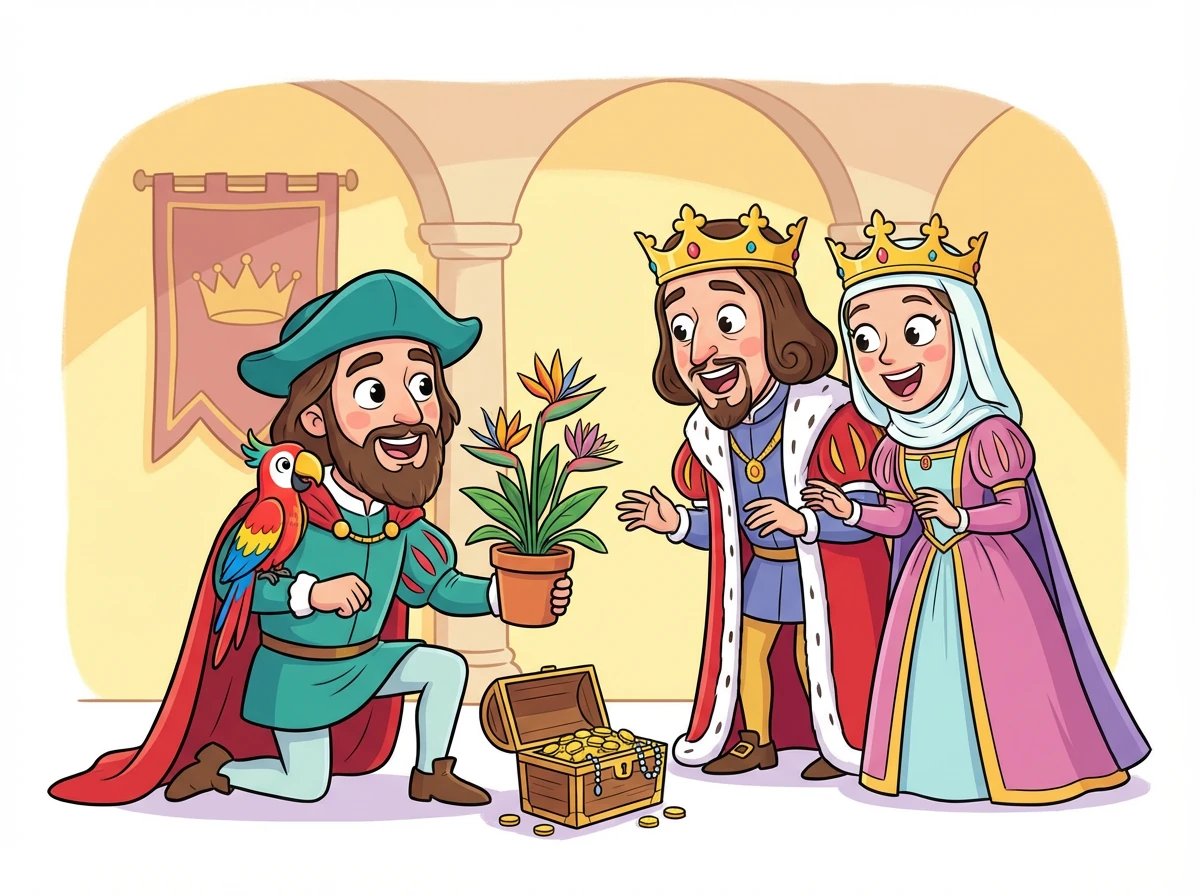 Cristóbal regresa a España para contar su asombrosa historia. Lleva consigo plantas, animales y objetos para mostrar a los reyes.