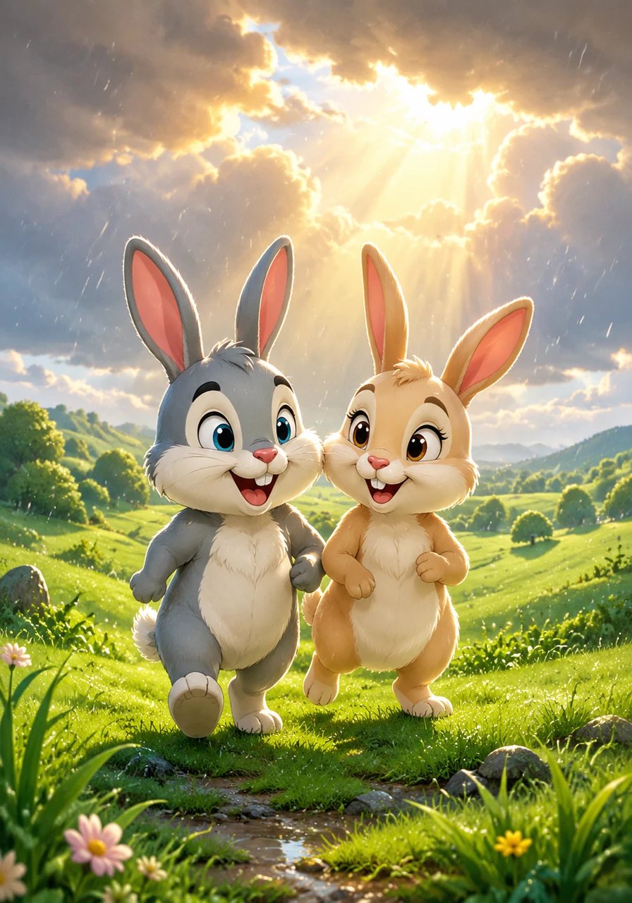 Panpan et Tinou se baladent joyeusement dans la campagne sous un grand ciel radieux. Soudain, de petites gouttes de pluie commencent à tomber doucement en faisant ploc ploc sur l'herbe tendre. Un magnifique rayon de soleil traverse les nuages, illuminant le paysage verdoyant.