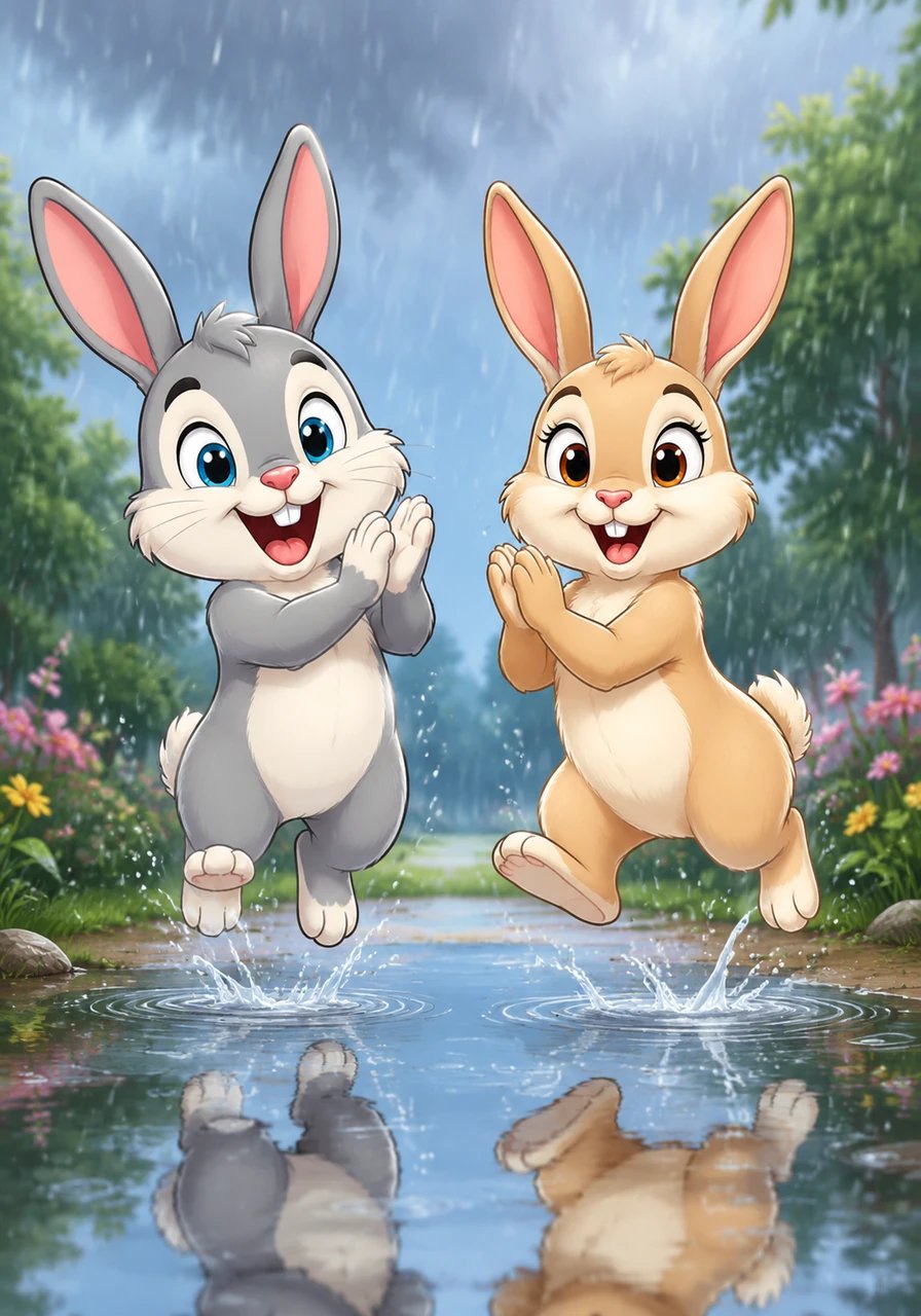 Émerveillés par la mélodie de la pluie qui chante autour d'eux, les deux lapins trépignent de bonheur. Ils tapent dans leurs mains et sautent au-dessus des flaques d'eau brillant comme des miroirs. Ensemble, ils entonnent à plein gosier la chanson de la bergère et de la petite grenouille.
