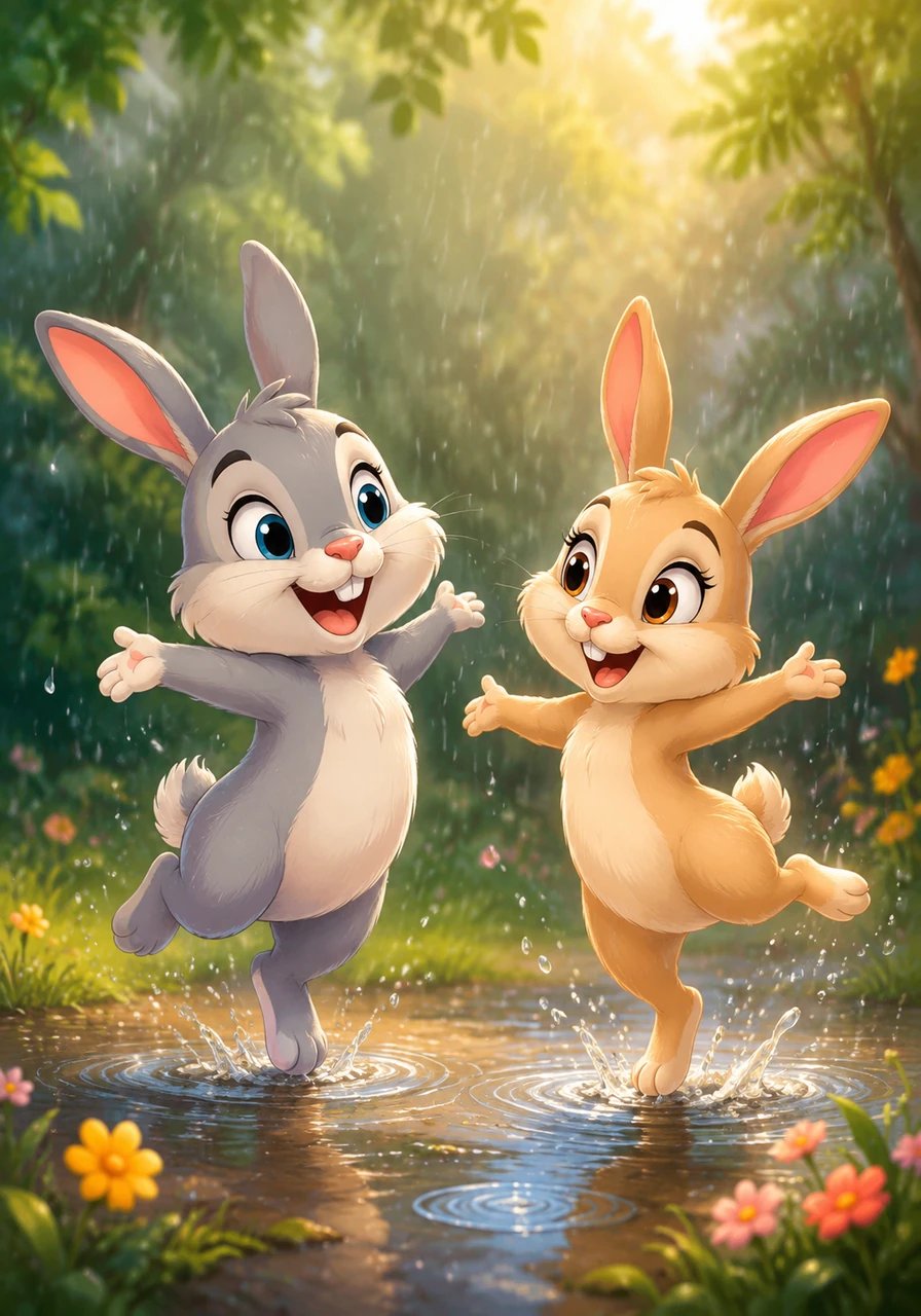 Panpan se tourne vers sa compagne et lui propose de chanter la ronde du petit moulin. Tinou acquiesce en riant, et tous deux tournent sur eux-mêmes sous les gouttes d'eau tiède. Ils imitent l'oiseau qui vole et le poisson qui nage, le cœur débordant de joie.