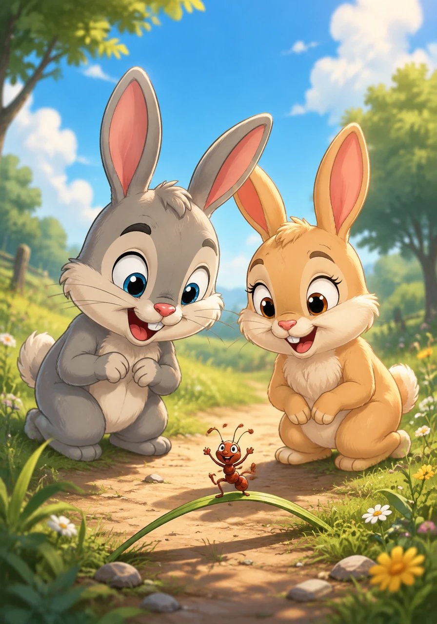 En chemin, ils aperçoivent une toute petite fourmi qui marche bravement sur un brin d'herbe. Panpan et Tinou s'agenouillent gentiment pour lui chanter la comptine de la fourmi coquine. La petite fourmi s'arrête et dance au rythme de leurs voix enthousiastes.
