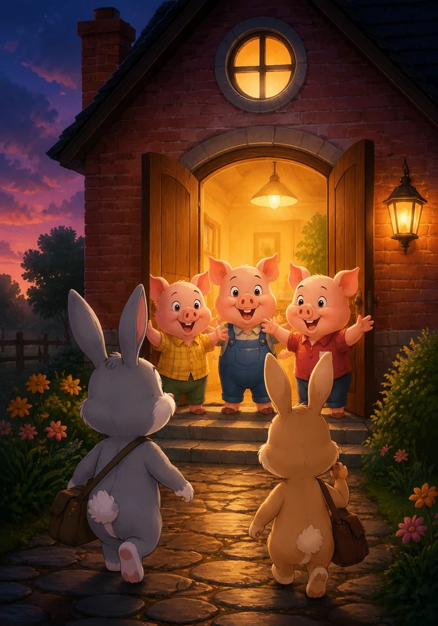 Alors que la tombée du jour rafraîchit l'air, ils arrivent devant une grande et belle maison en briques solides. Trois gentils petits cochons ouvrent la porte et accueillent les promeneurs à bras ouverts. Ils les invitent chaleureusement à entrer pour se réchauffer au sec.